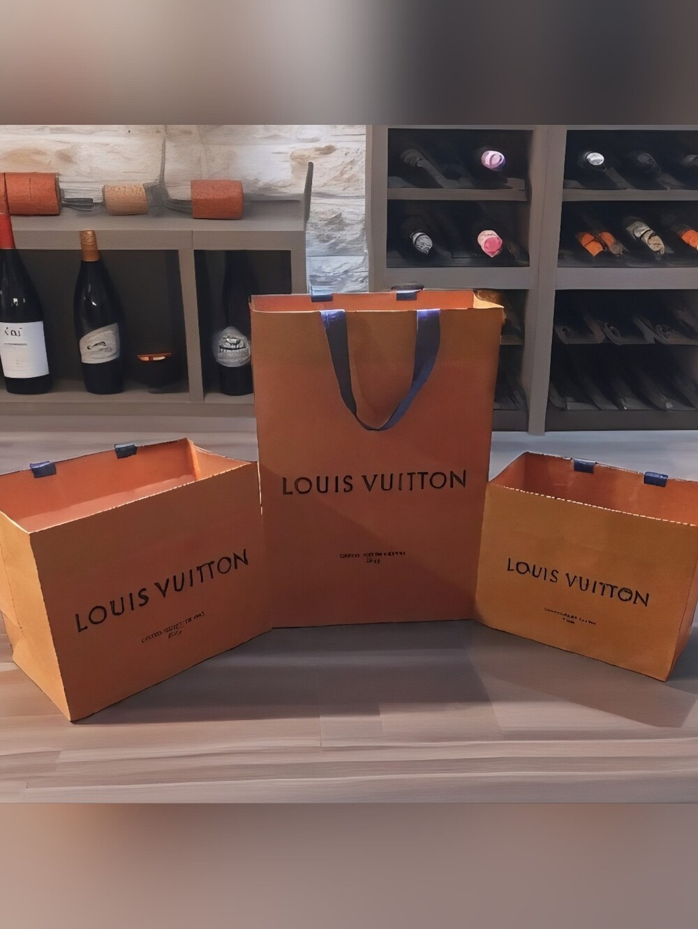Louis Vuitton Orange Shopping Bags with Blue Ribbon Handles - Trio EUC